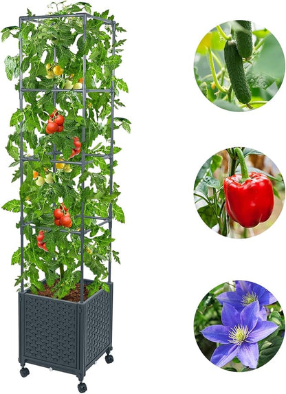 GREEN MOUNT Raised Garden Bed Planter Boxes with Trellis for Climbing Vegetables Plants, 56.7" Tomatoes Planters Outdoor Tomato Cage w/Wheels