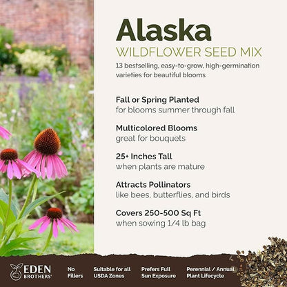 Eden Brothers Alaska Wildflower Mixed Seeds for Planting, 1/4 lb, 120,000+ Seeds with Yarrow, Foxglove, Cornflower | Attracts Pollinators, Plant in Spring or Fall, Zones