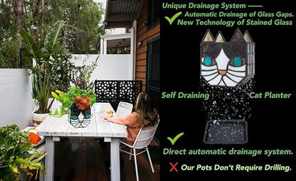 Tiffany Cute Cat Stained Glass Flower Pots,Indoor and Outdoor Plant Displays,Cat Plant Planter,Candle Holder Container Decoration 4.6 x 5.15 x 2.3 inch(11.7 x 13.1 x 5.8 CM)(Without Succulents)Black