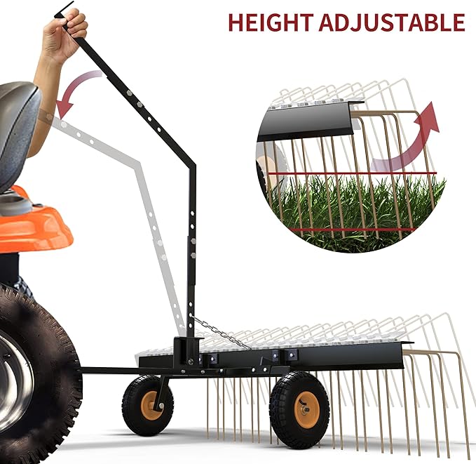 YITAMOTOR 60 Inch Tow Behind Dethatcher, Lawn Dethatcher Rake with 24 Spring Steel Tines & Lift Handle for ATV or Mover Tractors, Tow Behind Lawn Rakes for Leaves, Pine Needles, and Grass