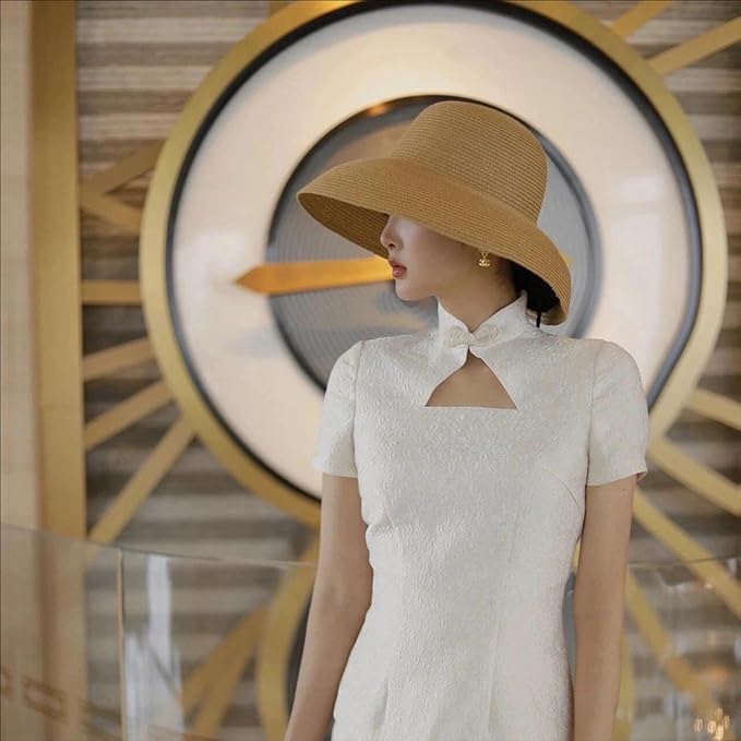 Wide-Brim Classic Elegant Style Foldable Straw Hat Women's Retro UV Resistant Sun Hats for Outdoor, Beach and Travel