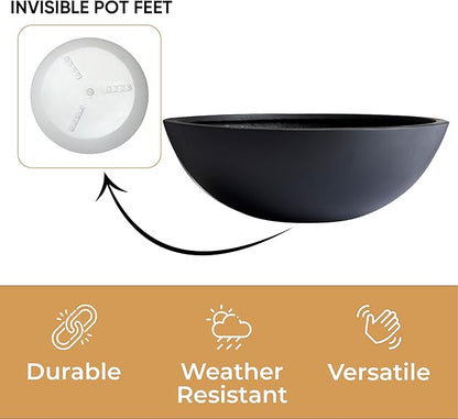 7.7" H x 22" D Round Bowl Fiberstone Planter for Succulent and Lotus with Drainage Hole, Smooth Finishes, Weather Resistant, Included 2 Extra Coco Mats (Black, 19.9" Pot Opening)