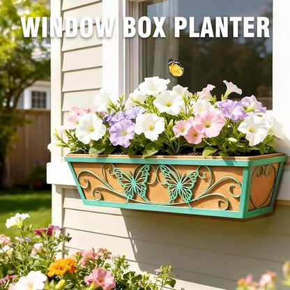 6 Pack 24 Inch Window Boxes Planter Railing Planters Box with Adjustable Brackets for Porch Deck Balcony Hanging Butterfly Decorative Flower Baskets & Non-Woven Fabric Liner for Outdoor Plants - Green