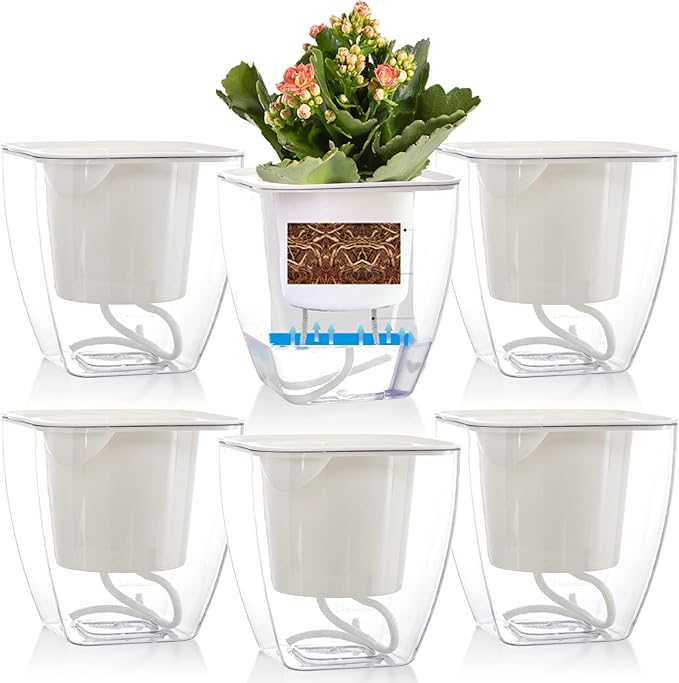 Lyellfe 6 Pack Plastic Self Watering Pots, 4 Inch Clear African Violet Pots for Indoor Plants, Automatic-Watering Planter with Drainage, Wick Rope, Windowsill Gardens, Herb, Orchid