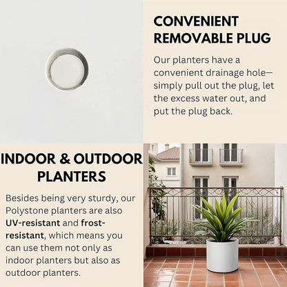 Fox & Fern 10 Inch Plant Pot with Drainage Plug — Premium Polystone Matte White Planter - Indoor & Outdoor Planter - 10 Inch Pots for Plants - Weather Resistant & UV Resistant