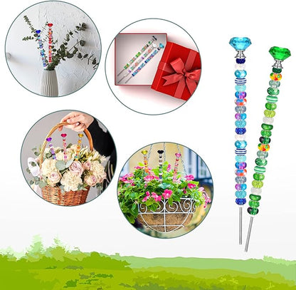 Tigeen 236 Pcs Garden Stake DIY Fairy Wand Plant Stake with 12 Colorful Crystal Stopper Top 12 Threaded Rod with 200 Large Hole Bead for Spring Summer Holiday Outdoor Decorations(Classic)