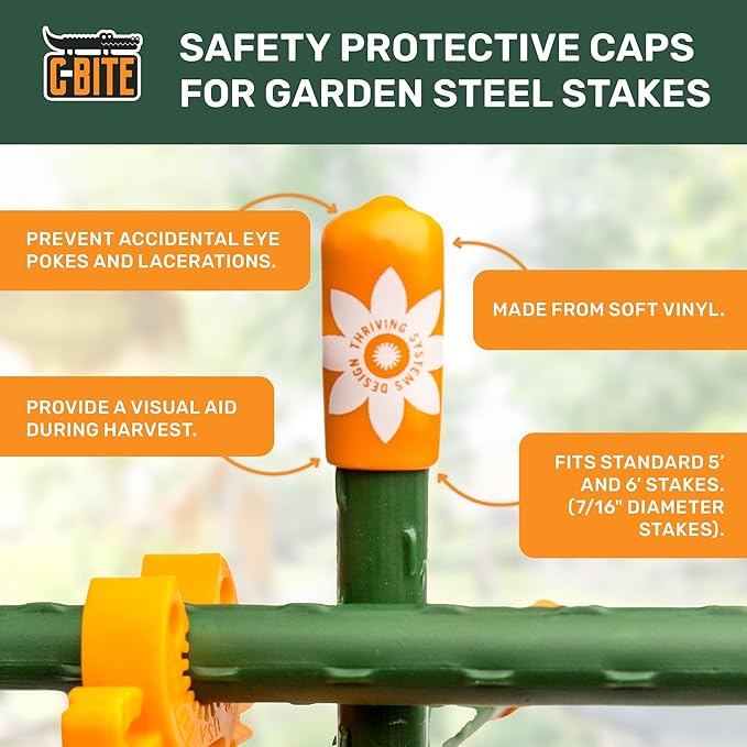Garden Stake Safety Caps | Vinyl Covers for Sharp Stake Tips | Fits 7/16” Plant Support Stakes | Durable Gardening Caps for Plant Protection (12 Pack - Sweet Tangerine Orange)