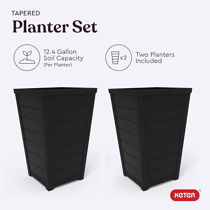 Keter Set of 2 Resin Modern Outdoor 22 Inch Tall Large Flower Pots, Tapered Wood Look Planters for Outdoor Plants and Front Porch Decor, Graphite