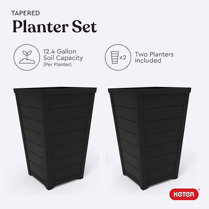 Keter Set of 2 Resin Modern Outdoor 22 Inch Tall Large Flower Pots, Tapered Wood Look Planters for Outdoor Plants and Front Porch Decor, Graphite