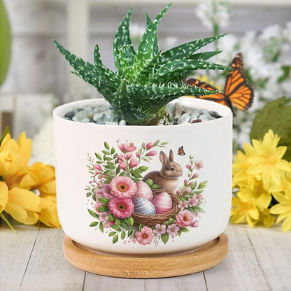 Vintage Easter Bunny with Pink Flower Ceramic Planters Ceramic Pots With Saucers Orchid Pots for Plants Succulents Pots Office Desk Garden Balconys New Home Decor,Gifts for Mom Mother Grandmother