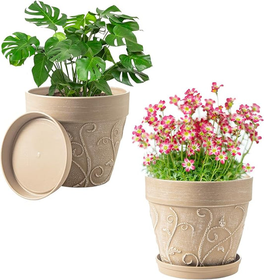 Melphoe Plant Pots Indoor with Drainage & Saucer, 2Pack 7 inch Flower Pots Outdoor Planters for Indoor Plants Garden Home Decor Cactus Succulent, Rigid Plastic (Imitation-Terracotta) Vine-Embossed
