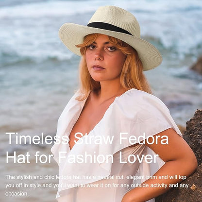 DRESHOW Women Straw Panama Hat Travel Fedora Beach Sun Hat Summer Wide Brim Straw Roll up Hat UPF 50+