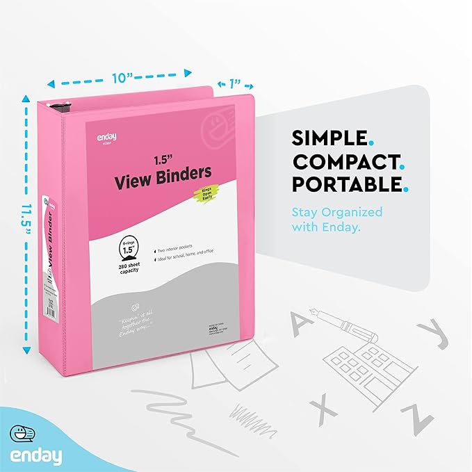 3 Ring Binder 1.5 Inch Pink, 1 ½ inch Binder Clear View Cover with 2 Inside Pockets, Colored School Supplies Office and Home – by Enday