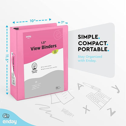3 Ring Binder 1.5 Inch Pink, 1 ½ inch Binder Clear View Cover with 2 Inside Pockets, Colored School Supplies Office and Home – by Enday
