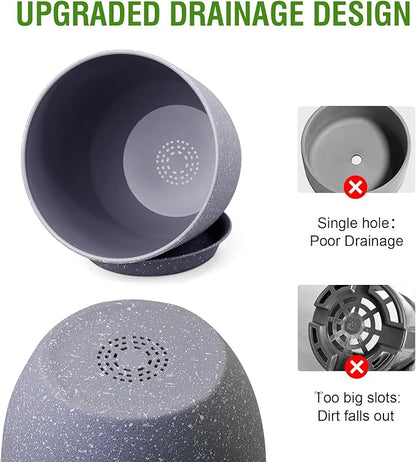 Flower Pots 9/8/7.5inch, Set of 3 Modern Decorative Plastic Planters with Drainage Holes and Saucers for Garden House Plants, Plant Pots for Indoor Outdoor Plants, Speckled Grey