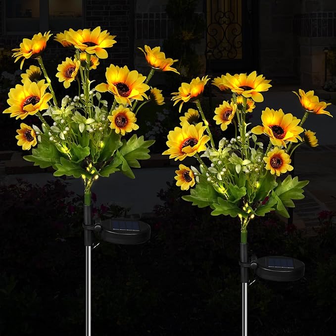 Aolyty Solar Garden Lights Outdoor, Solar Flower Lights with 24 Sunflowers 2 Modes, IP65 Waterproof LED Stake Light 2 Pack for Pathway Patio Yard Landscape Decorative