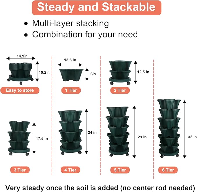 GameXcel Vertical Planter 6 Tier Stackable Planters Garden Planters Strawberry Herb Flower and Vegetable Planter Indoor Outdoor Gardening Pots with Removable Wheels and Tools