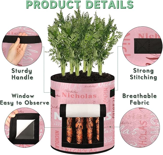 Custom Name Grow Bags 7 Gallon Personalized Breathable Potato Growing Bag with Flap Harvest Window and Handles Garden Planting Bag for Tomato Vegetable Fruits 2 Pack Light Pink