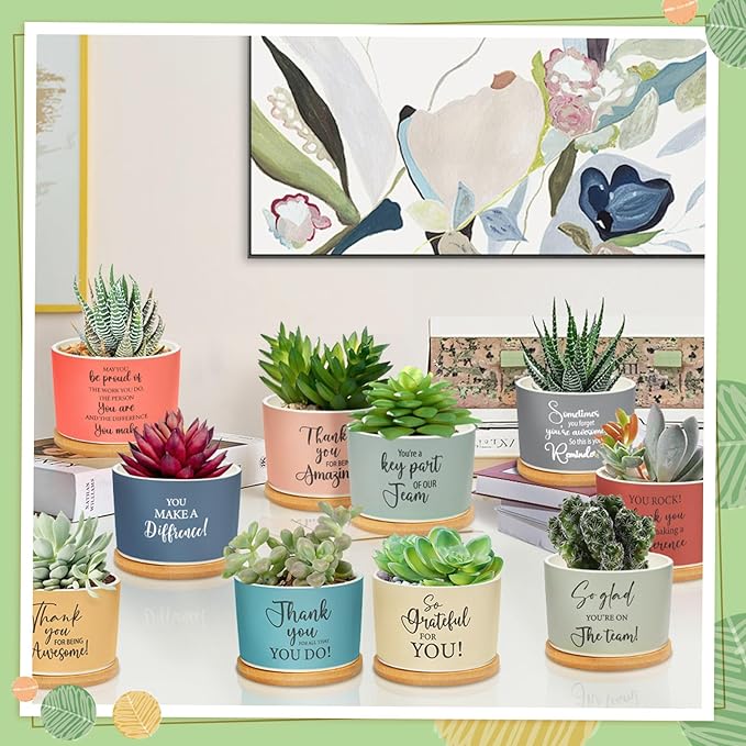 10 Pcs Thank You Gift Employee Appreciation Gift Succulent Pots Mini Ceramic Plant Pot with Bamboo Tray Succulent Planter for Coworker Employee Vet Tech Medical Assistant, Plant Excluded
