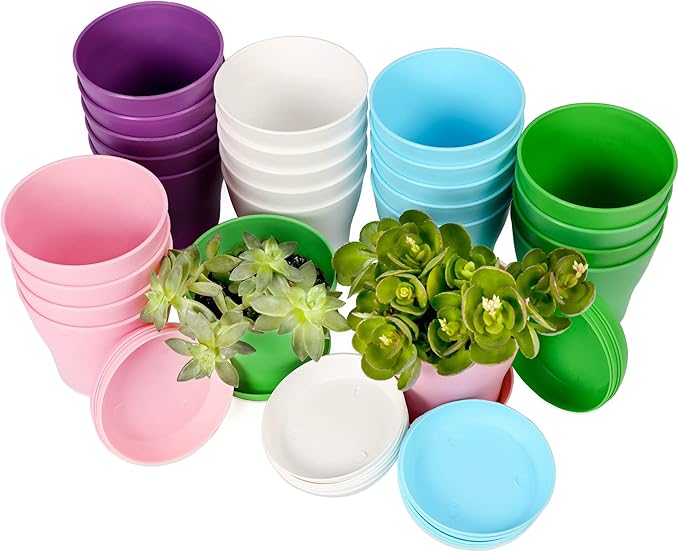 TDHDIKE 25 Pcs Plastic Planters Indoor Flower Plant Pots, Mini Flower Seedlings Nursery Pot/Planter/Flower Pot with Pallet, Modern Decorative Gardening Containers (Pink/White/Purple/Blue/Green)