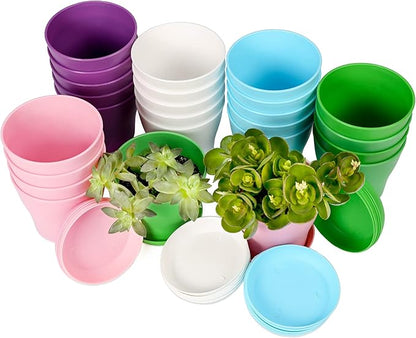 TDHDIKE 25 Pcs Plastic Planters Indoor Flower Plant Pots, Mini Flower Seedlings Nursery Pot/Planter/Flower Pot with Pallet, Modern Decorative Gardening Containers (Pink/White/Purple/Blue/Green)
