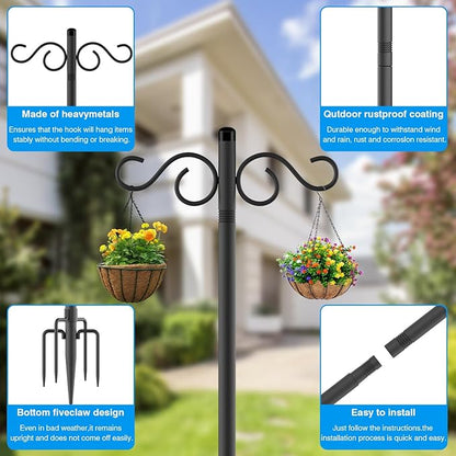 Adjustable Shepherd Hooks for Outdoor,3 Pack 90 Inch 5 Prong Base Bird Two Sided Feeder Poles,Heavy Duty Shepherds Hook,Suitable for Garden in Hanging Flower Basket,Lantern,Bird Nests