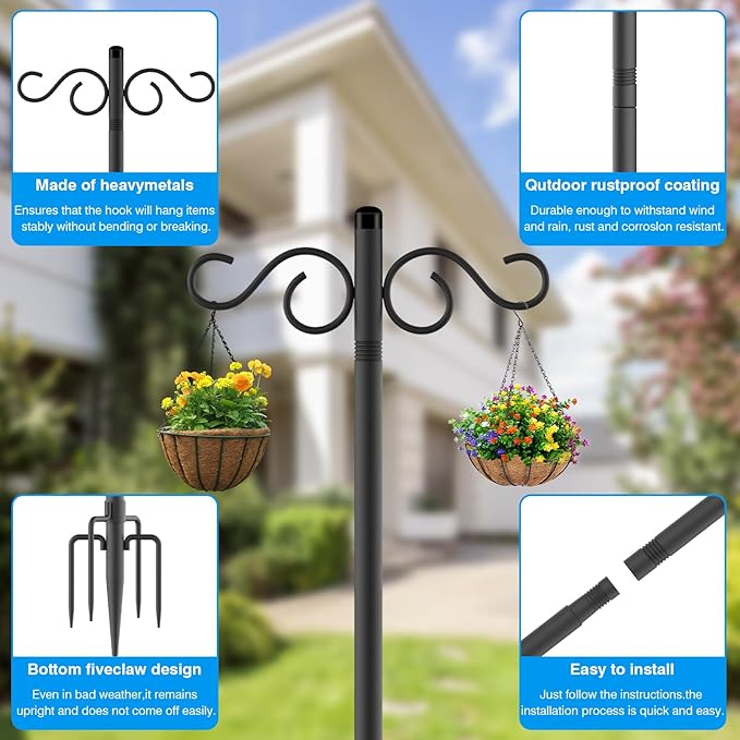 Adjustable Shepherd Hooks for Outdoor,4 Pack 90 Inch 5 Prong Base Bird Two Sided Feeder Poles,Heavy Duty Shepherds Hook,Suitable for Garden in Hanging Flower Basket,Lantern,Bird Nests