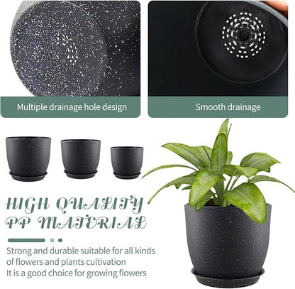 10/9/8 inch Plant Pots, 3 Pack Plastic Flower Pots Modern Flower Pots with Drainage Holes and Trays are for Indoor and Outdoor Plants, Herbs and Flowers,Black Speckles