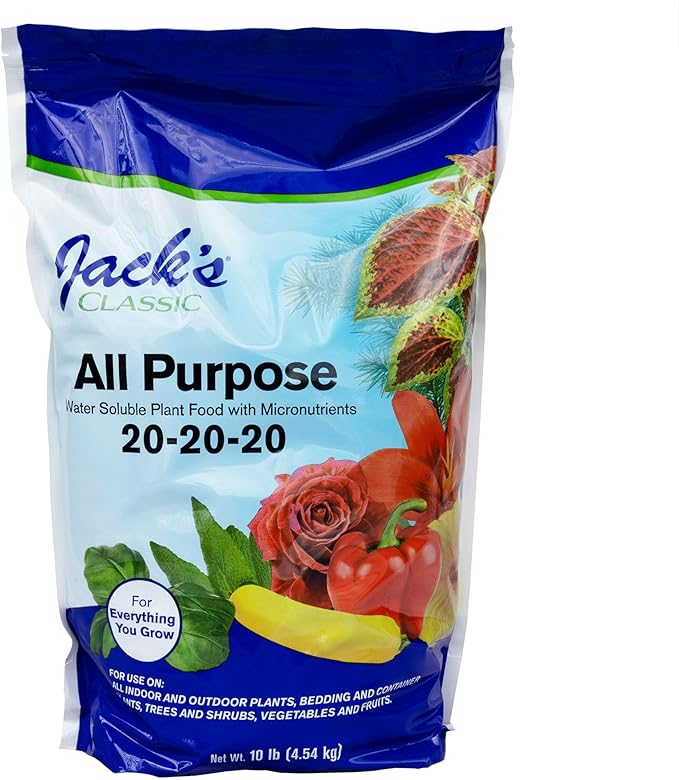 Jack's Classic 20-20-20 All Purpose Water-Soluble Fertilizer with Micronutrients to Provide General Growth on All Plants, 10lbs