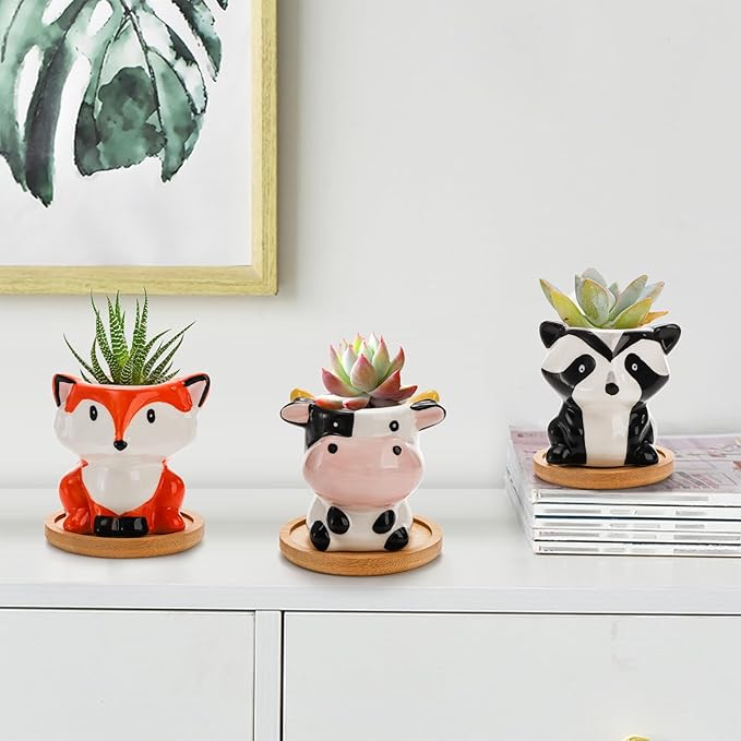 6 Pack Small Succulent Pots with Drainage Hole, 3 Inch Cute Ceramic Animal Planter with Saucer, Unique Air Plant Holder, Desktop Plant Flower Pot for Indoor Plants, Cactus, Garden, Home Decor