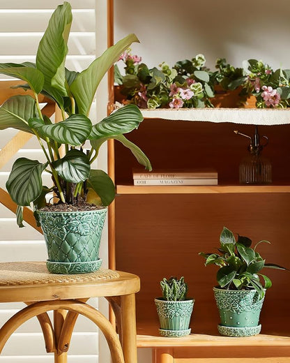 Ceramic Plant Pots, 3.8+4.9+5.8 Inch, Set of 3 Flower Pots with Drainage Hole & Saucer, Embossed Planter Pots for Indoor Plants, Home Decor, Green