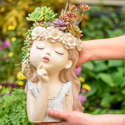Head Planter Succulent Pots Face Flower Pot Cute Resin Cactus Planters with Drainage Creative Decorations, Gift for Women, Man, Office and Garden Decor, 7.3x6.5x10.6inch