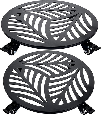 Planterhoma 2 Packs 16 Inch Extra-Large Metal Plant Caddy with Wheels - Heavy-Duty Iron Rolling Plant Stand - 360 Locking Wheels - Indoor/Outdoor - Black