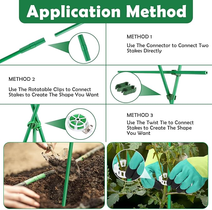 Cludoo 342PCS Garden Stakes Set with 100 Sets Fiberglass Plant Stakes Sticks Supports and Accessories, DIY 4ft 5ft 6ft 7ft Tomato Stakes for Tomato,Vegetables, Pepper, Indoor Outdoor Spring Plants