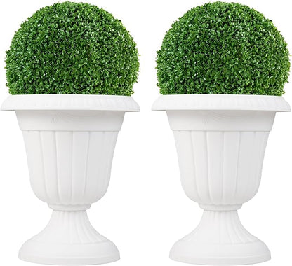 Giantex 18" Tall Vintage Planters Set of 2, Urn Plastic Flower Pots with/Pedestal Base & Pre-Marked Drain Hole, Indoor Outdoor Decorative Plant Containers for Front Porch Home Wedding, White