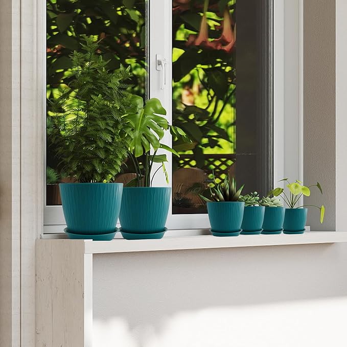 8/7/6 inch Plant Pots, 3 Pack Flower Pots for Outdoor Indoor Garden Plants, Large Planters with Multi Mesh Drainage Holes and Saucer (Black-Green, 8"+7"+6")
