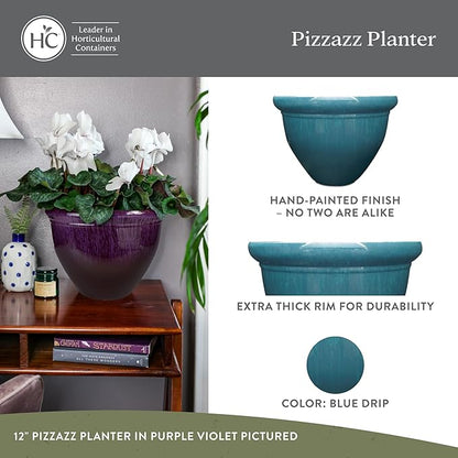 The HC Companies 12 Inch Pizzazz Round Planter Pots with Ceramic Look, Lightweight UV-Resistant Plastic Indoor & Outdoor Planters, 2-Pack Flower Pots for Garden & Home Decor, Blue Drip