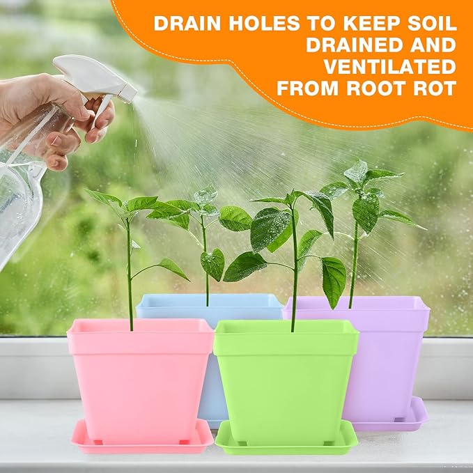 Amyhill 4 Inch Flower Pots Square Plants Nursery Pot Plastic Plant Seedling Pots Nursery Transplanting Planter Container with Saucer for Indoor Herbs Succulent Balcony Garden(Classic Color,100 Pcs)