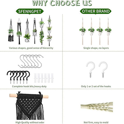 Macrame Plant Hangers, 6Pack Hanging Planters for Indoor Plants w/ 6 Set Hangers Kit Handmade Macromay Plant Hangers Indoor Flower Pots Holder Stand for Boho Home Décor (POTS NOT Included)