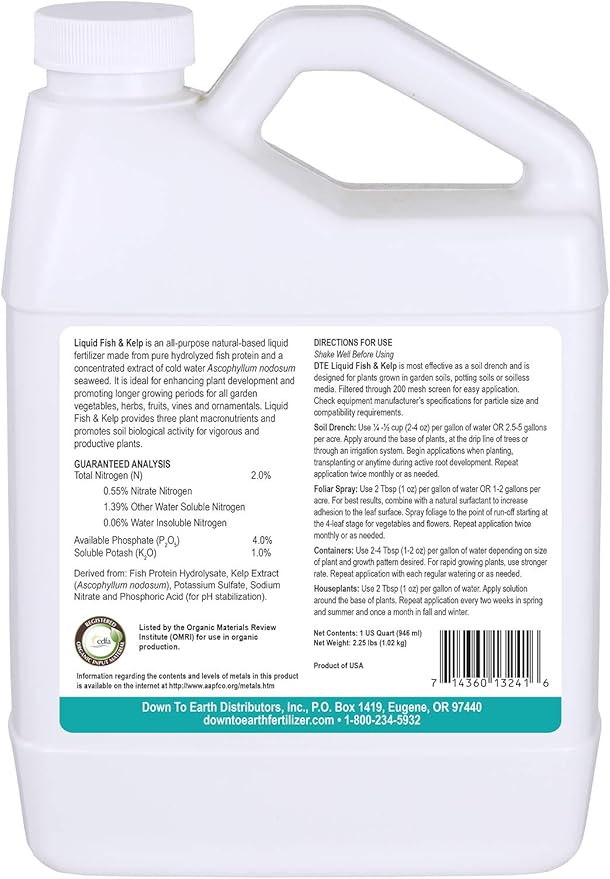 Down To Earth All Natural Fertilizers Organic Liquid Fish & Kelp Concentrate - Plant Food for Vegetable Gardens and Flower Beds - Makes up to 32 Gallons 2-4-1, 32 oz