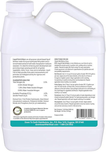 Down To Earth All Natural Fertilizers Organic Liquid Fish & Kelp Concentrate - Plant Food for Vegetable Gardens and Flower Beds - Makes up to 32 Gallons 2-4-1, 32 oz