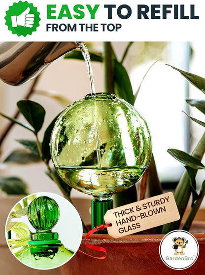 16 Oz Plant Watering Globes for Indoor Plants with Metal Self Watering Planter Insert - Premium XL Glass Hand-Blown Globe - Automatic Plant Waterer Indoor, Gift Idea for Gardeners [1 Globe, Green]