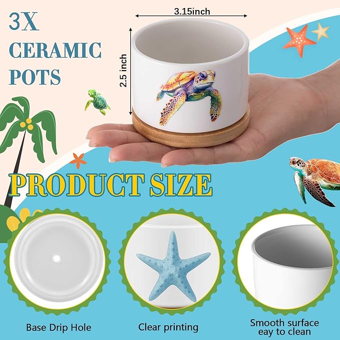 3 Pcs Decor Gift for Women Planter Ceramic Gift Animal Plant Pot with Bamboo Tray for Office Home Farm House Bathroom Kitchen Christmas Decorations (No Plants Included)(Sea Turtle)