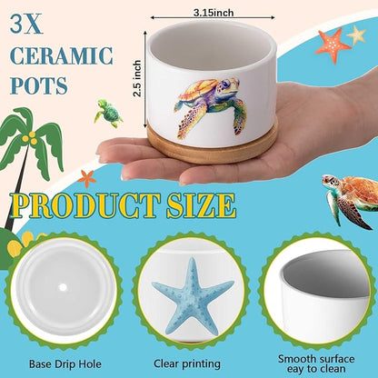 3 Pcs Decor Gift for Women Planter Ceramic Gift Animal Plant Pot with Bamboo Tray for Office Home Farm House Bathroom Kitchen Christmas Decorations (No Plants Included)(Sea Turtle)