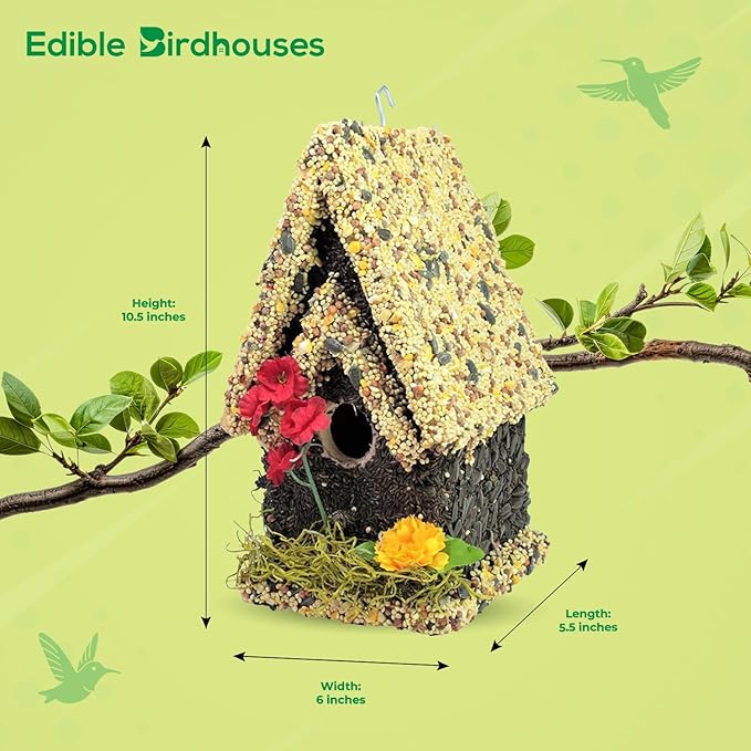Edible Birdhouse - Birdseed Bird Feeder, Wooden Birds House Covered in Wild Bird Food, Squirrel Resistant Birds Feeders for Outside Hanging, Watching Gift for Garden Lovers, (TL)