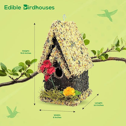 Edible Birdhouse - Birdseed Bird Feeder, Wooden Birds House Covered in Wild Bird Food, Squirrel Resistant Birds Feeders for Outside Hanging, Watching Gift for Garden Lovers, (TL)
