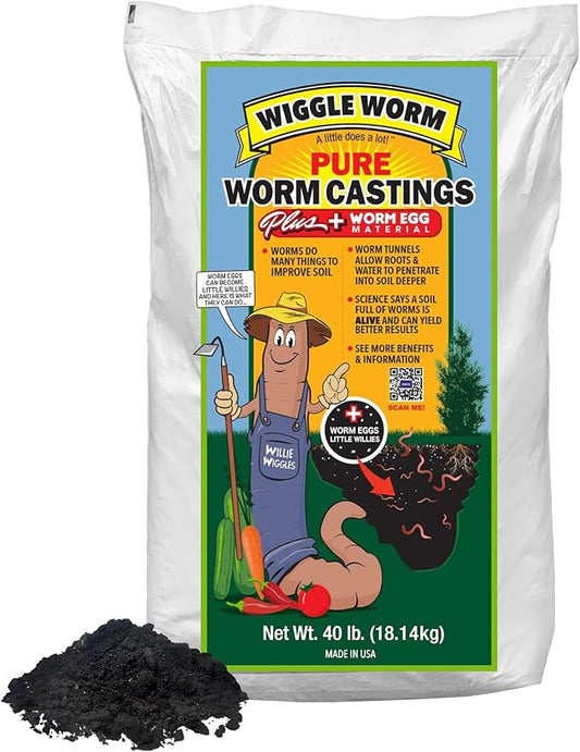 100% Pure Worm Castings Plus Worm Egg Material, 40lbs – Fertilizer and Soil Amendment for Indoor and Outdoor Gardening to Improve Soil Fertility and Aeration - 100% Organic and Odor Free