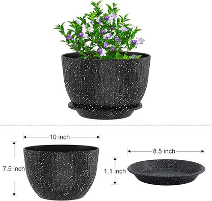 10 inch Large Plant Pots, Flower Pots with Multi-Mesh Drainage Holes and Saucer, Plastic Planters for Indoor and Outdoor Garden Plants (Speckled Black, 10")