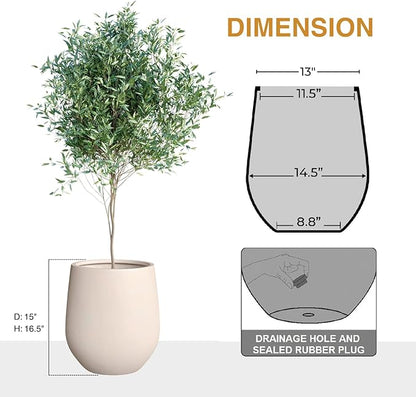 16.5" H x 15" D Corso Fiberstone Round Tapered Planter with Drainage Hole, Smooth Finishes, Weather Resistant, Included 2 Extra Coco Mats (Kilim Beige, 11.5" Pot Opening)