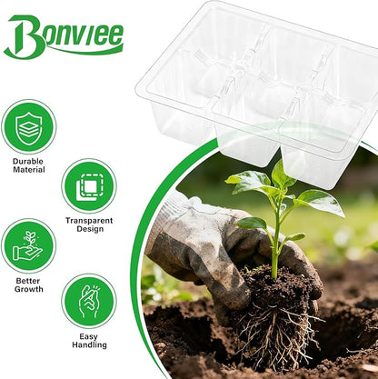 Bonviee 10 Packs Seed Starter Tray with Drainage Holes, Reusable & Durable, Clear for Root Monitoring, Easy to Repotted Without Root Damage, 6 Cells per Tray